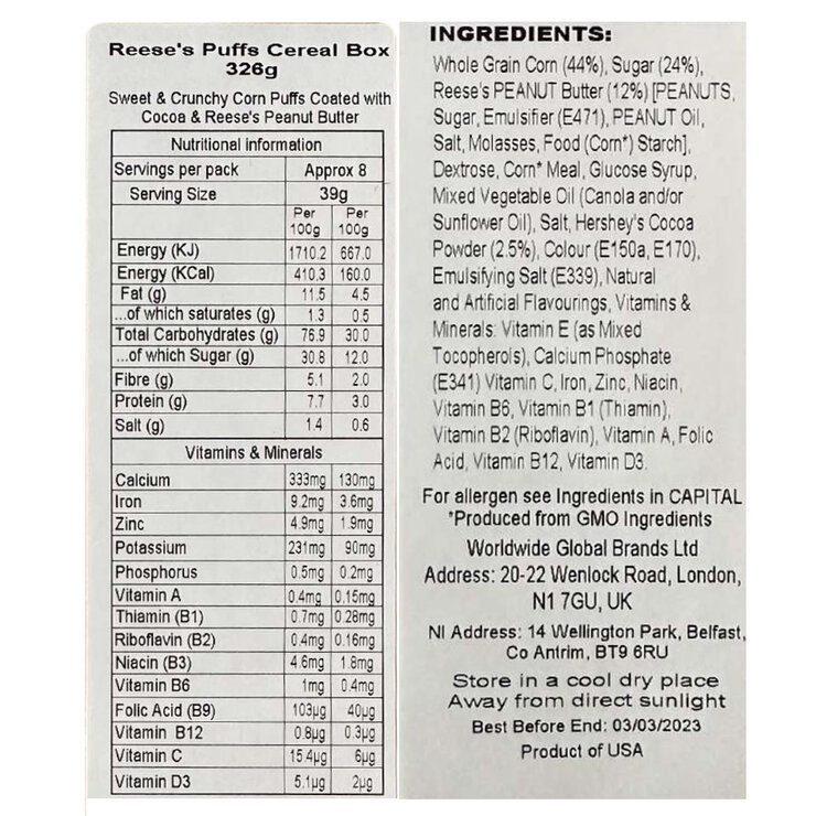 Back of pack of cereal box