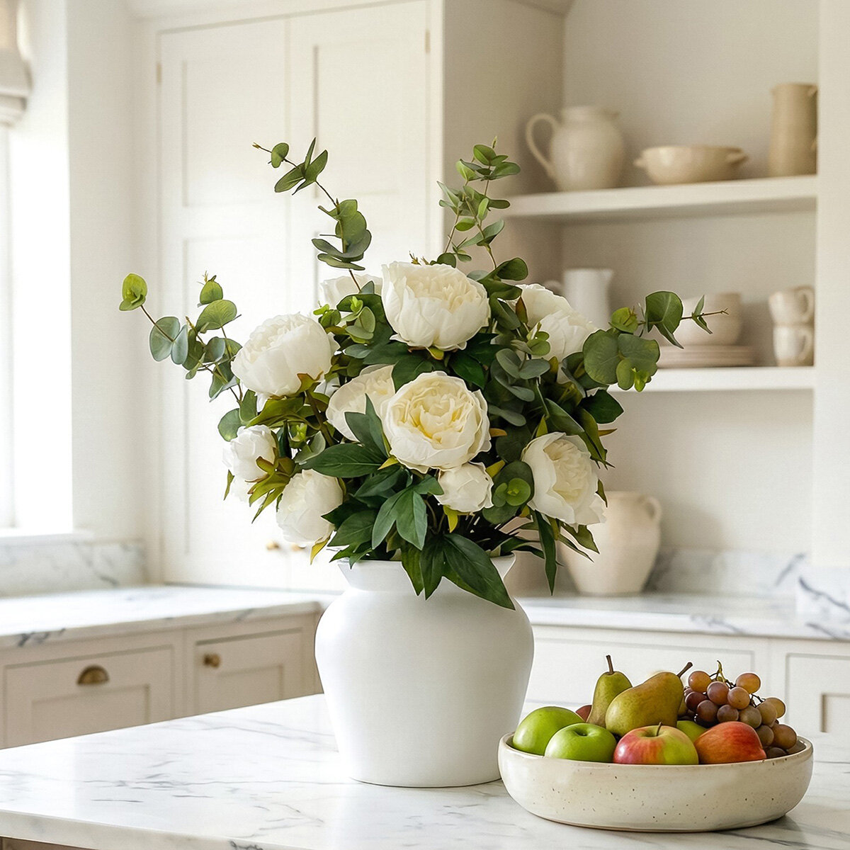 Artificial Peony & Eucalyptus Bouquet in Vase in 2 Colours