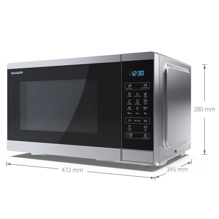 Side Profile of Sharp 28 Litre 900W Digital Microwave with 1100W Grill showing measurement