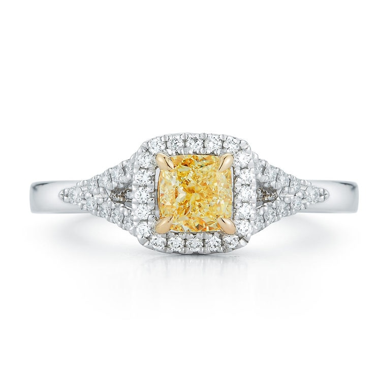 0.87ctw Cushion and Round Brilliant Cut Fancy Yellow Diamond Ring, 18ct Yellow Gold and Platinum
