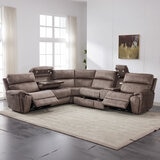 Corner Fabric Truffle Drawers open, Seats reclined, Cupholders open