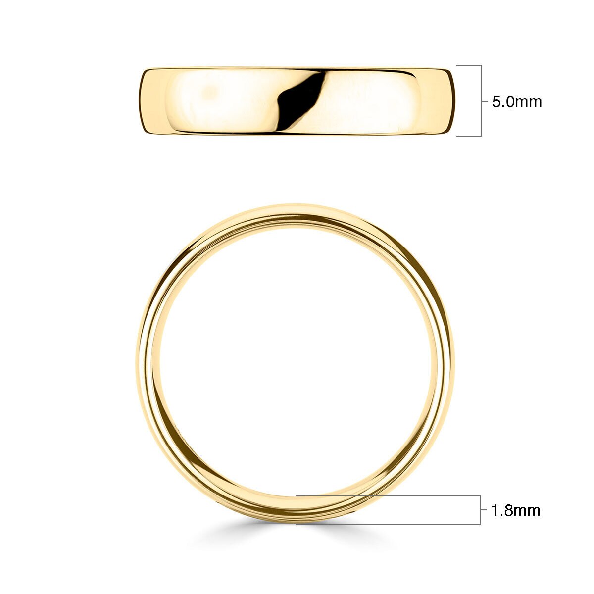 5.0mm Basic Court Wedding band. 18ct Yellow Gold