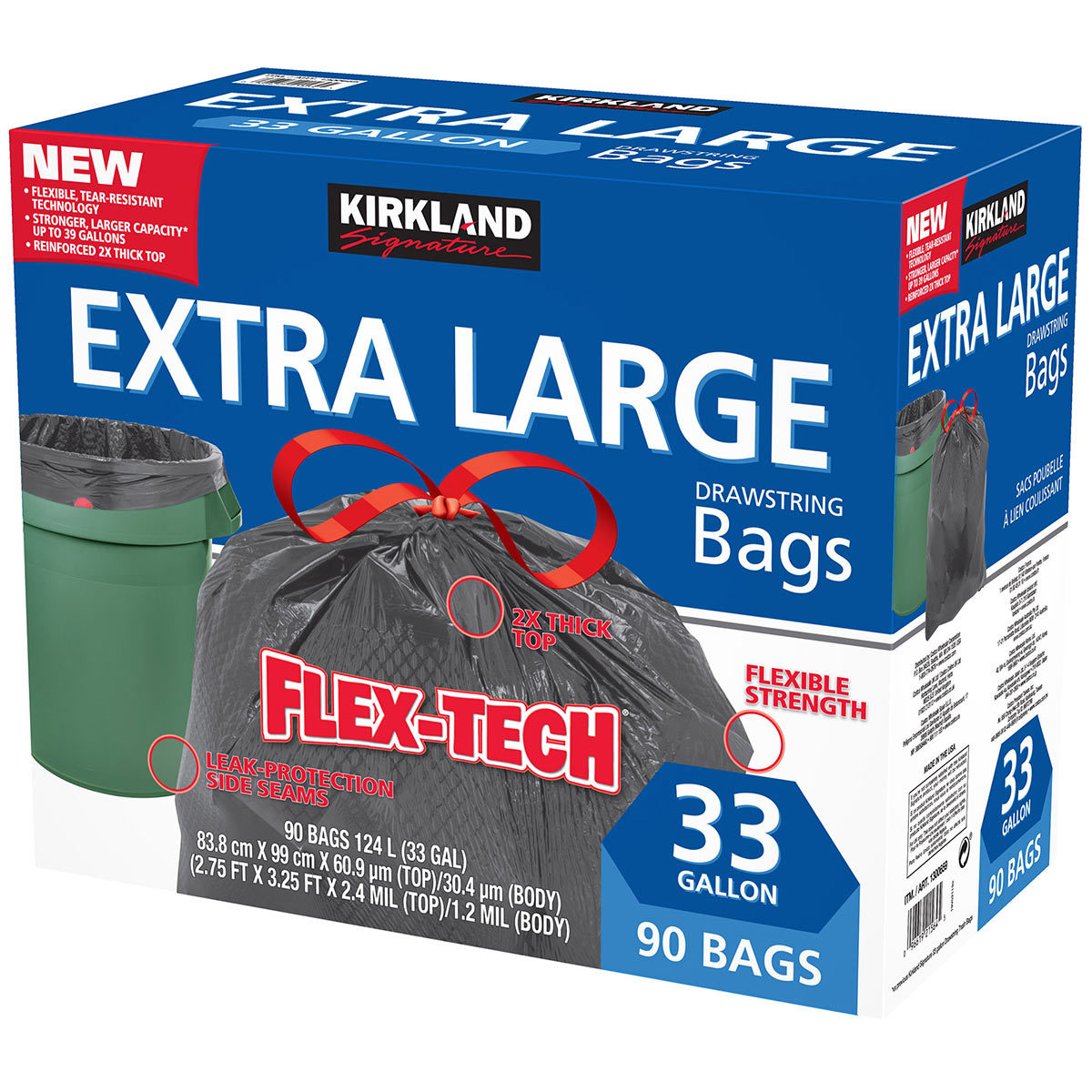 Kirkland Signature 33 Gallon Flex-Tech Bin Bags, 90 Pack