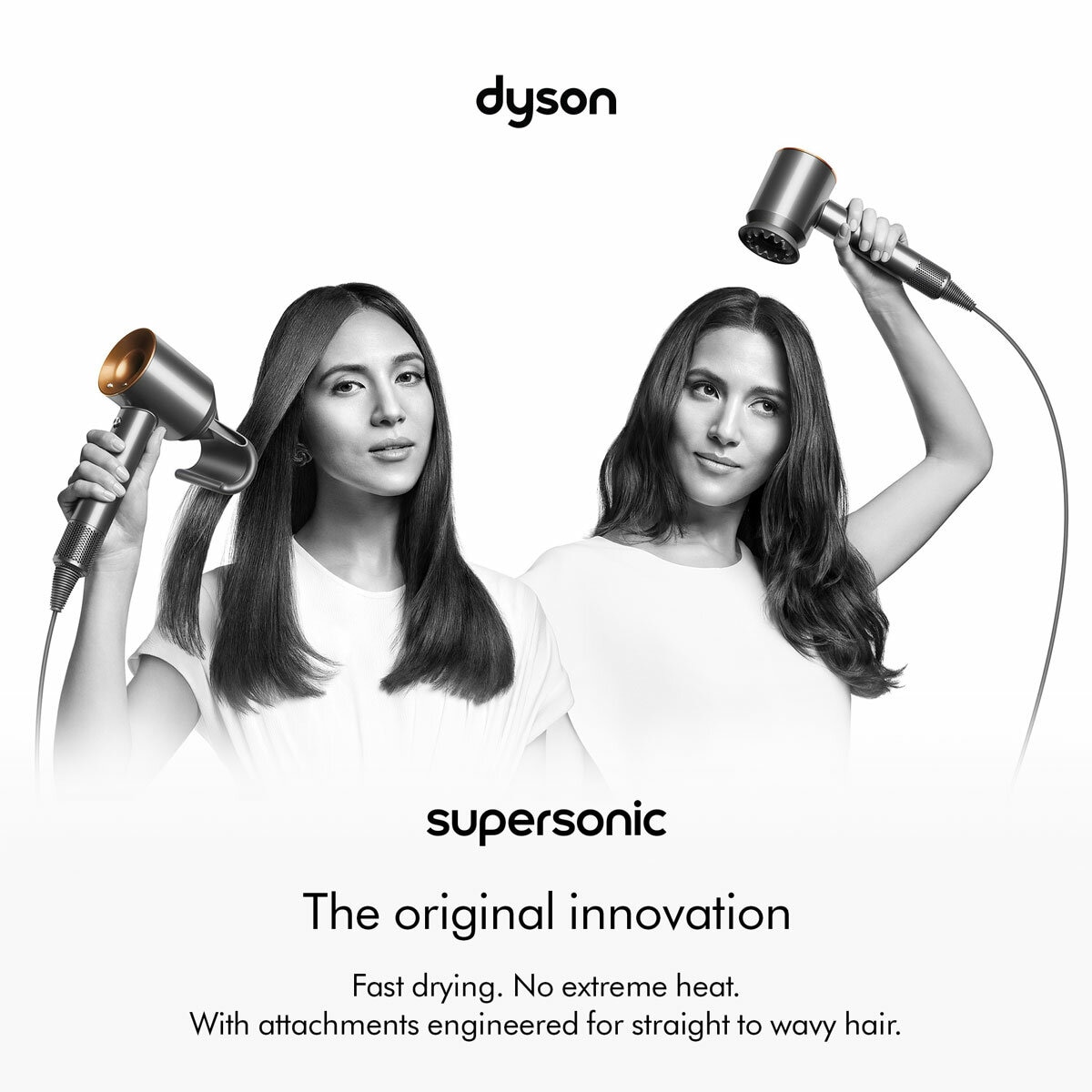 Lifestyle image of a model using Dyson Supersonic Hair Dryer with attachments engineered for straight to wavy hair