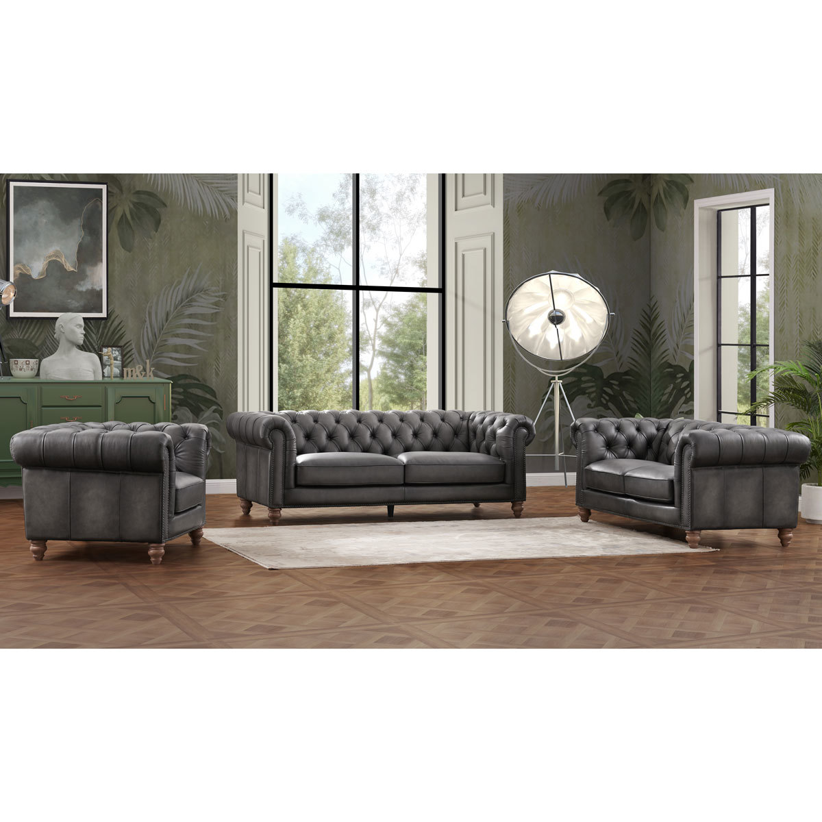 Allington 2 Seater Grey Leather Chesterfield Sofa