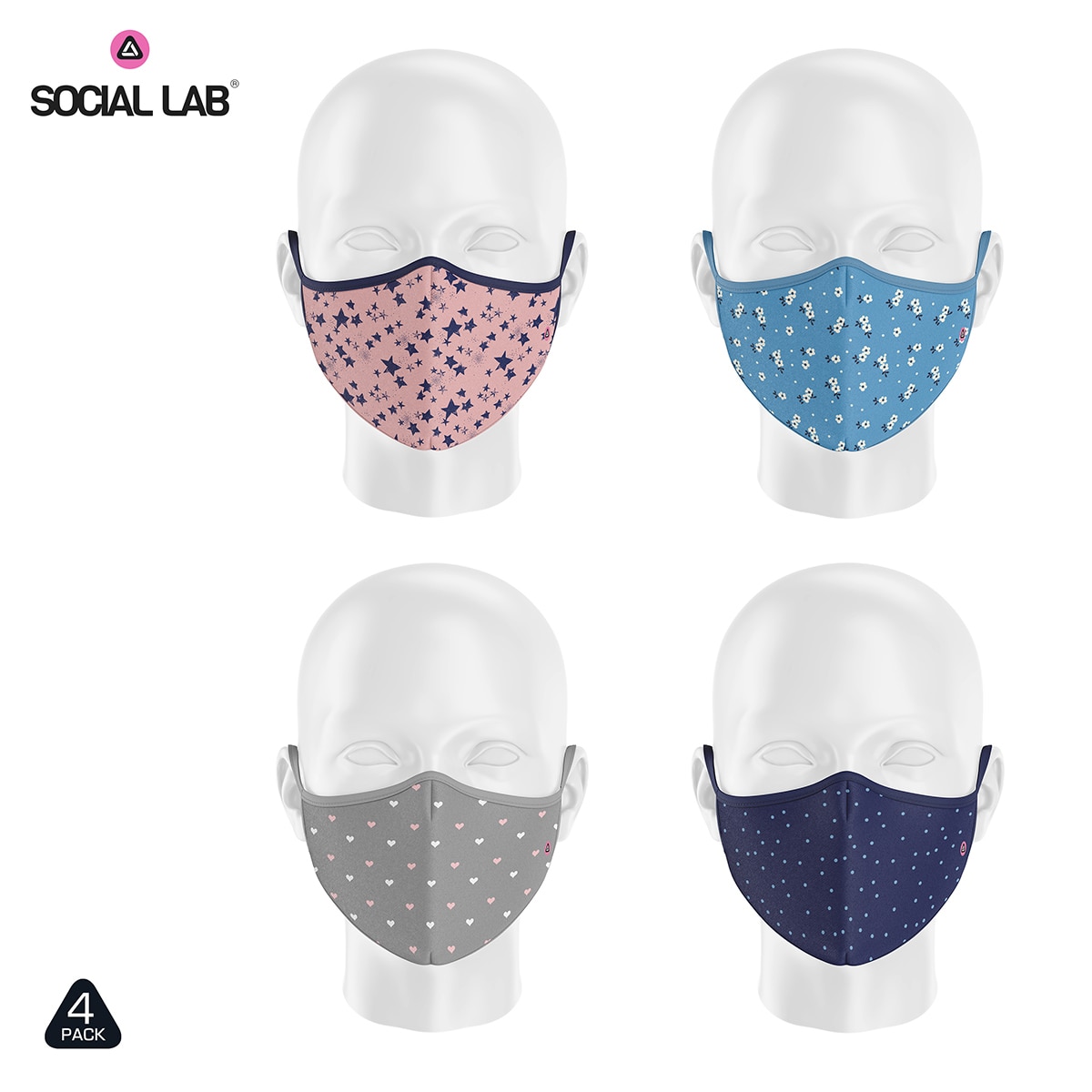 Social Lab Triple Layer Reusable Girl's Face Masks, 4 Pack