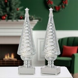 14 inch Lighted Spinning Spiral Glitter Trees in Silver - Set of 2