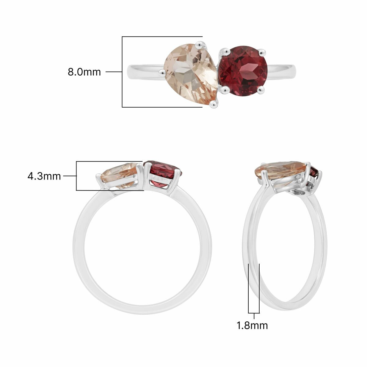 Pear Cut Morganite & Round Cut Garnet Ring, 18ct White Gold