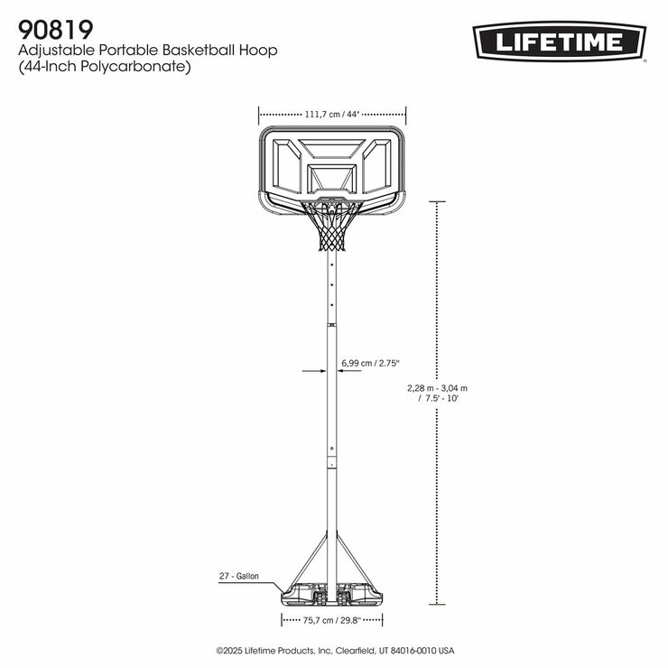Studio image showing the dimensions of the 44 inch basketball hoop