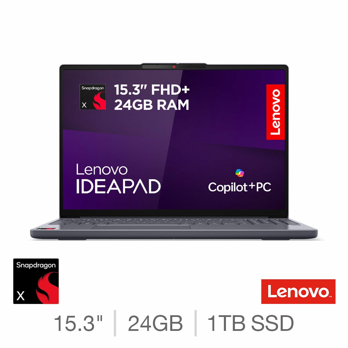 Lenovo IdeaPad Slim 3, Copilot+ PC, Snapdragon X, 24GB RAM, 1TB SSD, 15.3 Inch Laptop, 83N3002DUK