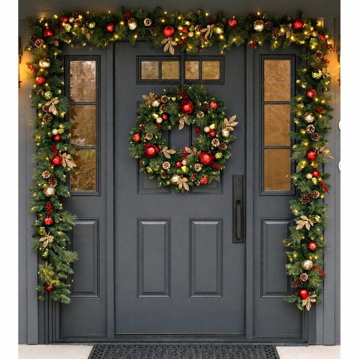30 inch (76cm) Pre-Lit Decorated Wreath with 50 LED Lights in Red 30 inch (76cm) Pre-Lit Decorated Wreath with 50 LED Lights in Red