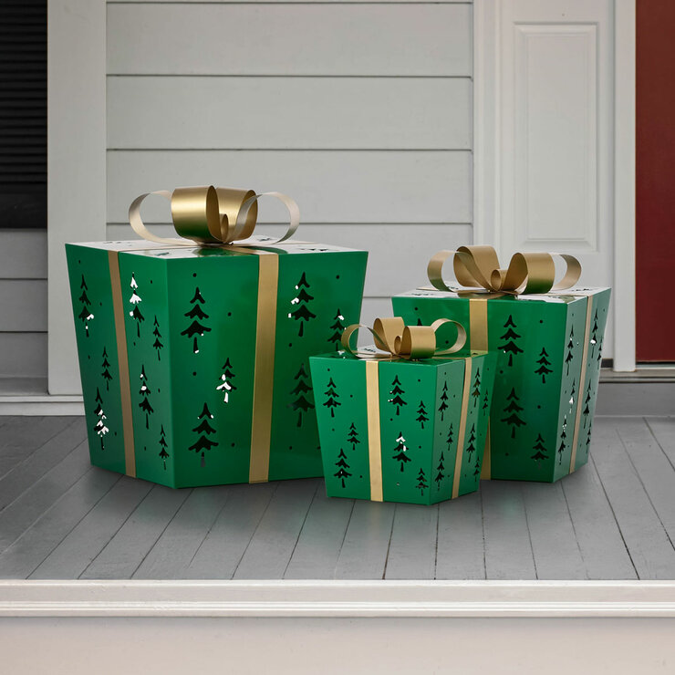 Green Metal Gift Boxes with LED Tree Pattern – Set of 3