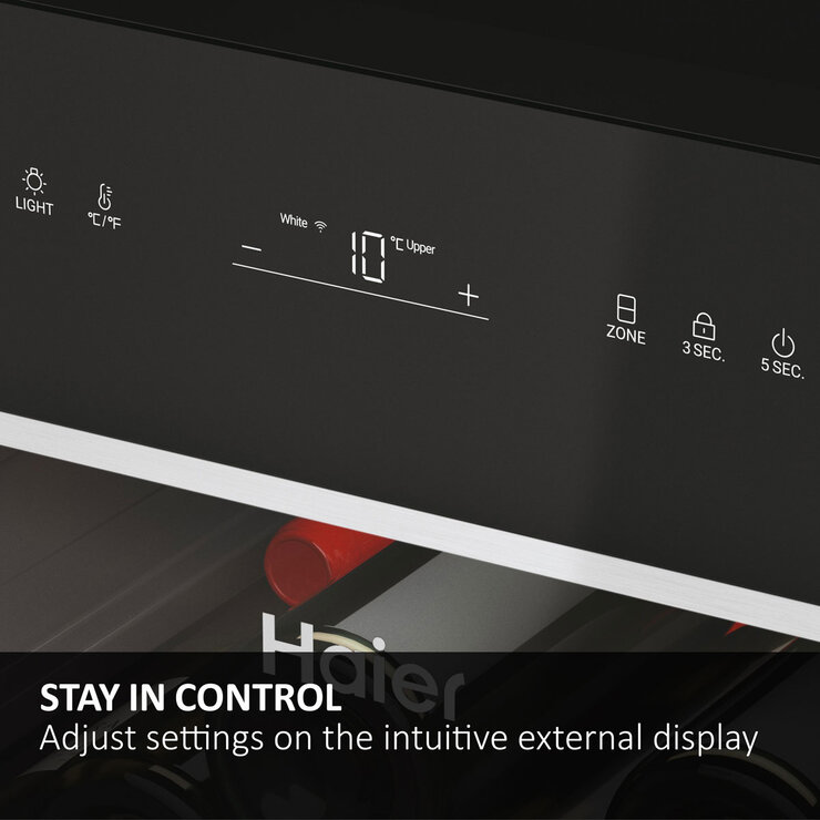 Haier HWS77GDAU1 77 Bottle Dual Zone Wine Cooler, G Rated in Black