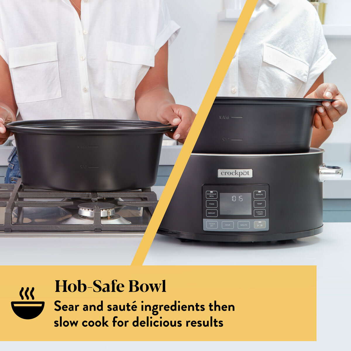 Lifestyle image showing the inner bowl is hob safe