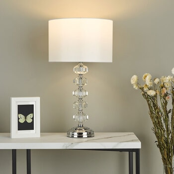 Oleana Polished Chrome Glass Crystal Table Lamp with Ivory Shade