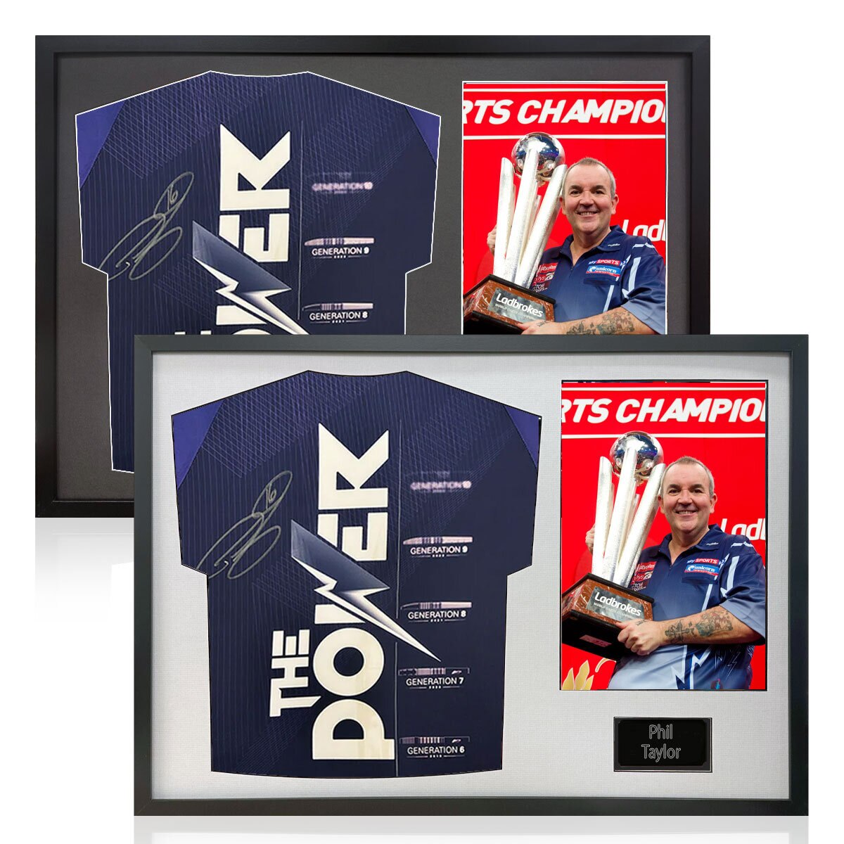 Phil Taylor Signed Framed Darts Shirt including 1 Photo in 2 Options: White or Black Mount