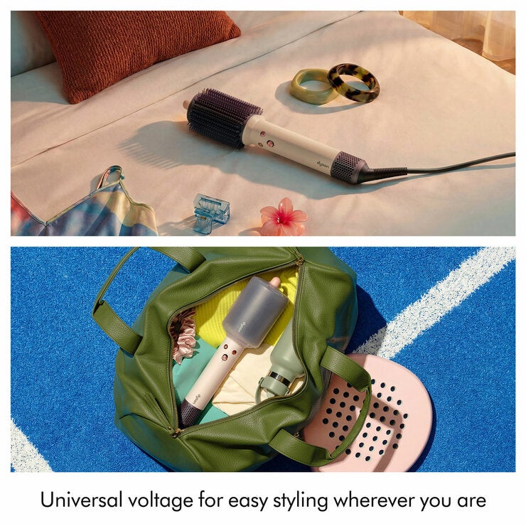 Lifestyle image of styling brush with universal voltage Lifestyle image of styling brush with universal voltage
