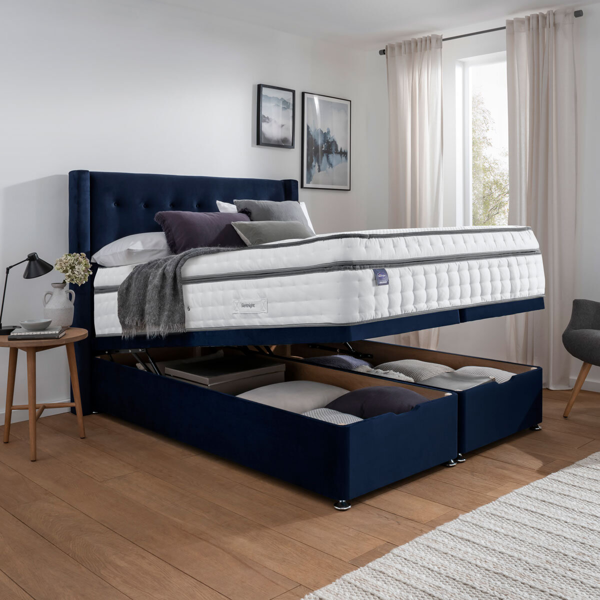 Silentnight Velvet Full Ottoman Divan Base with Bloomsbury Headboard in 2 Colours & 3 Sizes