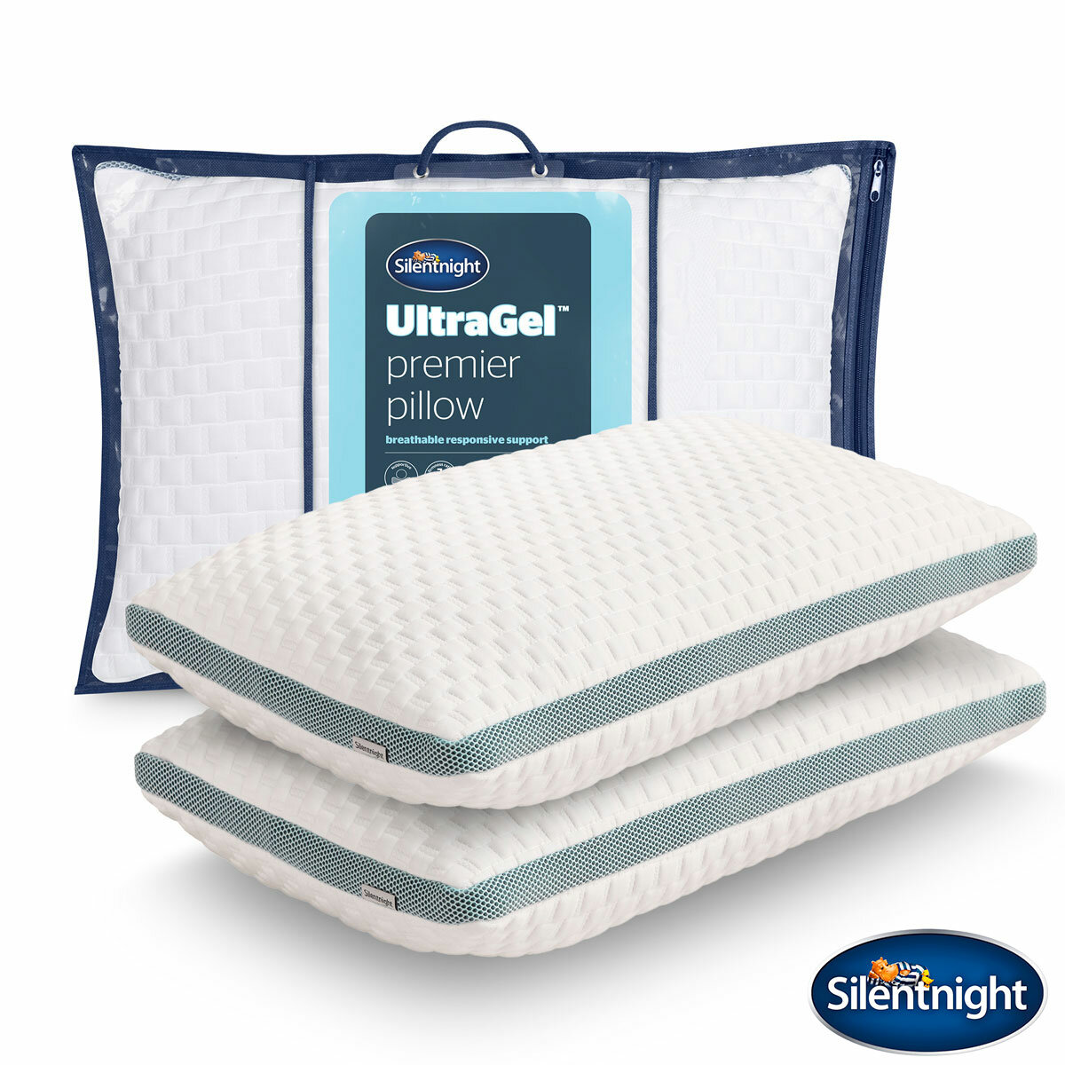 Two stacked white pillows with teal side panels in front of a zippered carrying case labeled "Silentnight UltraGel Premier Pillow.