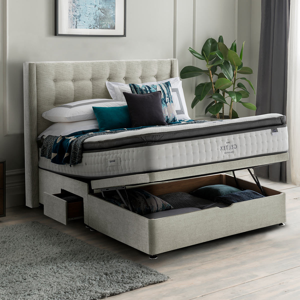 Silentnight Ottoman Divan Base with Bloomsbury Headboard in Dove Grey in 3 Sizes