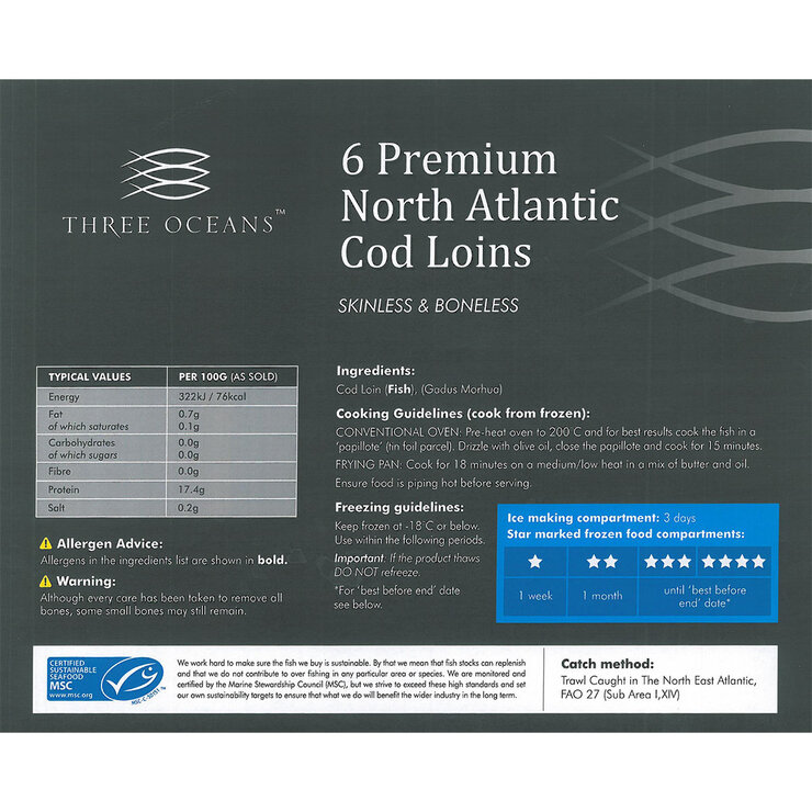 Back of Pack for Three Oceans Premium North Atlantic Cod Loins Back of Pack for Three Oceans Premium North Atlantic Cod Loins