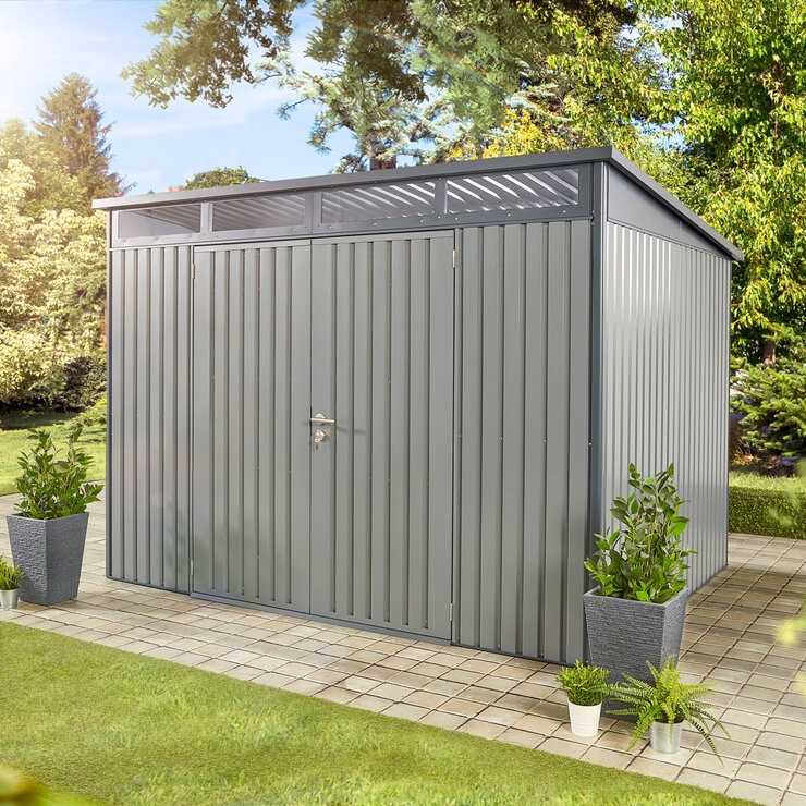 Stone Garden 10ft x 8ft (3m x 2.4m) Large Two Door Steel Shed in Grey