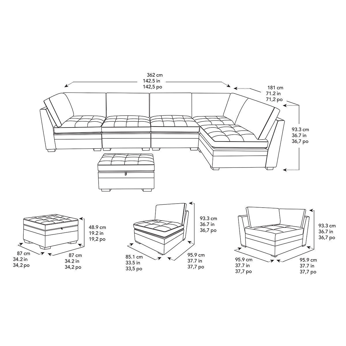 Line drawing of sofa and individual sections with dimensions