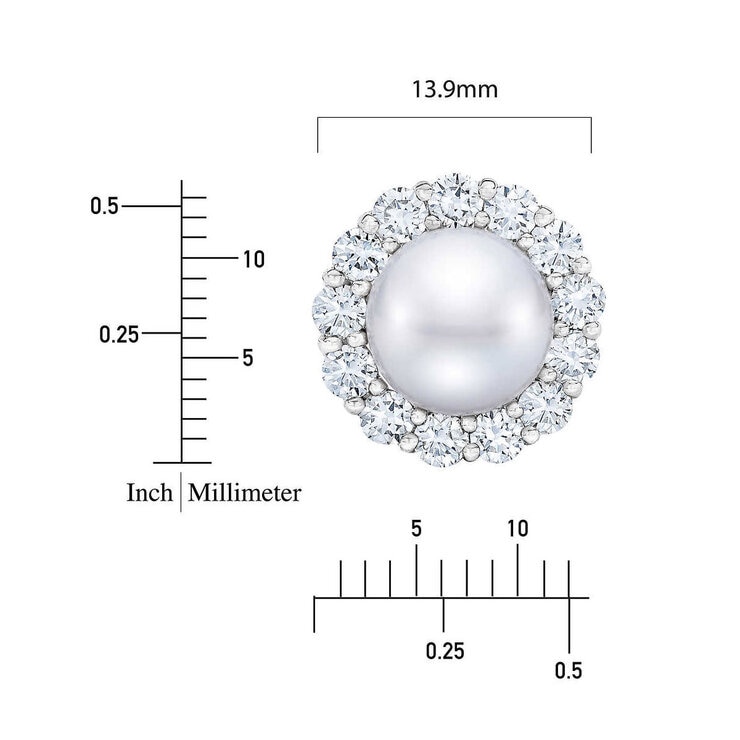 9-10mm Cultured Freshwater White Pearl & 1.95ctw Diamond Earrings, 14ct White Gold