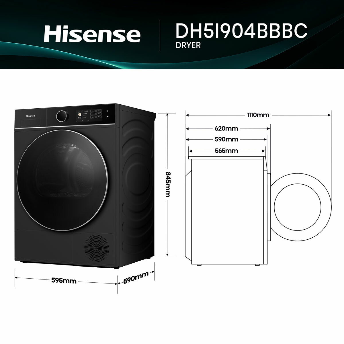 Hisense KitchenFit 5i Series DH5I904BBBC, 9kg Heat Pump Dryer, A+++ Rated in Black Hisense KitchenFit 5i Series DH5I904BBBC, 9kg Heat Pump Dryer, A+++ Rated in Black