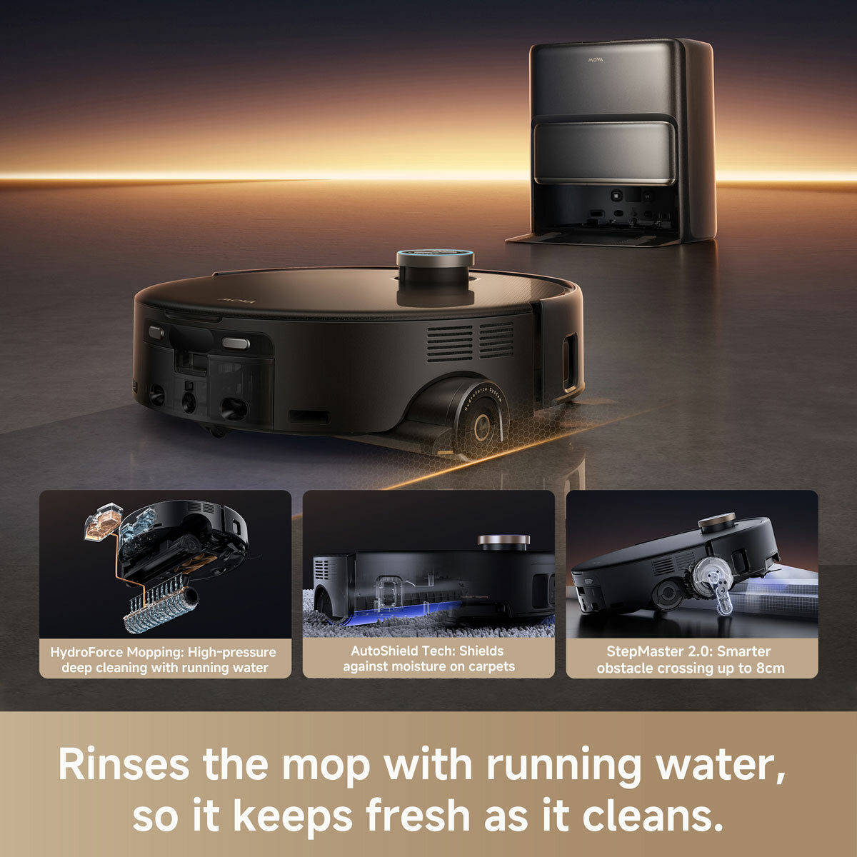 Lifestyle image of MOVA Z60 Ultra Roller Complete Robot with running water to rinse the mop