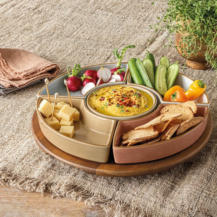 Over & Back Acacia Lazy Susan, with 5 Stoneware Dishes Over & Back Acacia Lazy Susan, with 5 Stoneware Dishes
