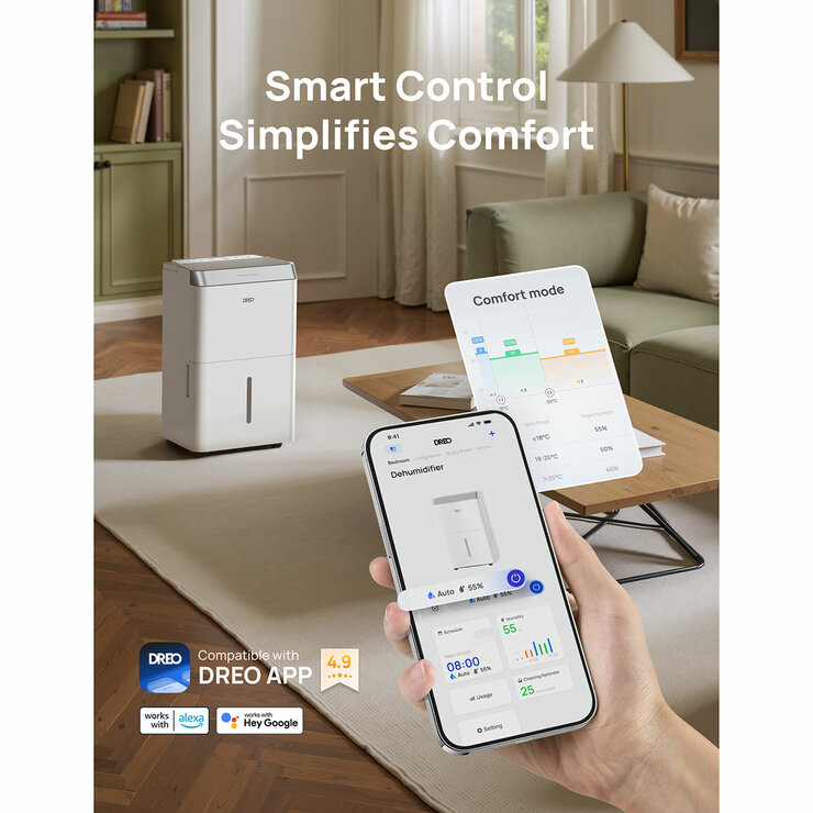 Lifestyle image of Dreo 16L Smart WiFi Dehumidifier compatible with Dreo App