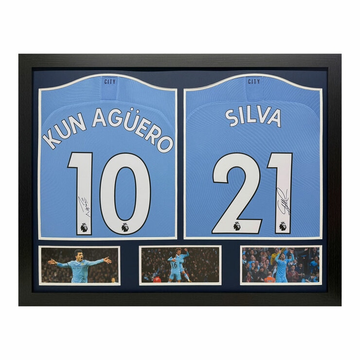 Sergio Aguero & David Silva Double Signed Framed Manchester City Football Shirts Sergio Aguero & David Silva Double Signed Framed Manchester City Football Shirts