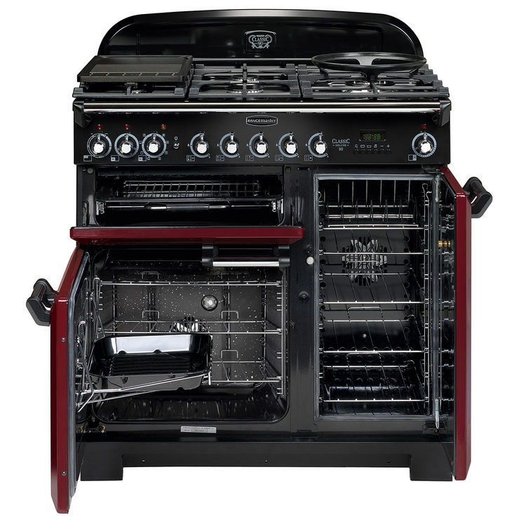Rangemaster CDL90DFFCY/C, Dual Fuel Range Cooker A Rating in Cranberry and Chrome Costco UK