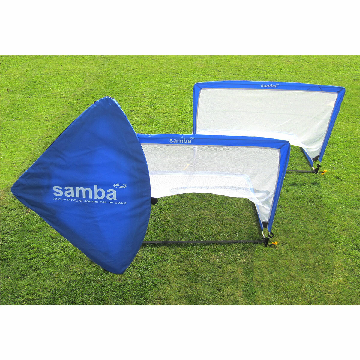 Lifestyle image showing the Samba Pop Up 4ft Square Goals with carry case