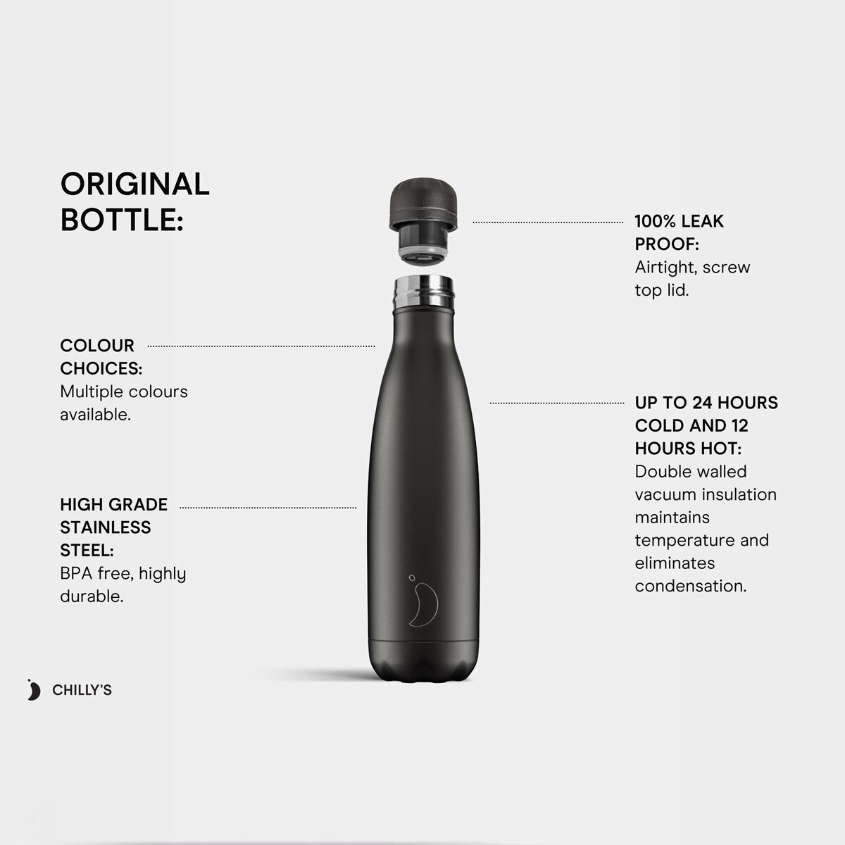 Chilly's Original 500ml Stainless Steel Water Bottle, 2 Pack