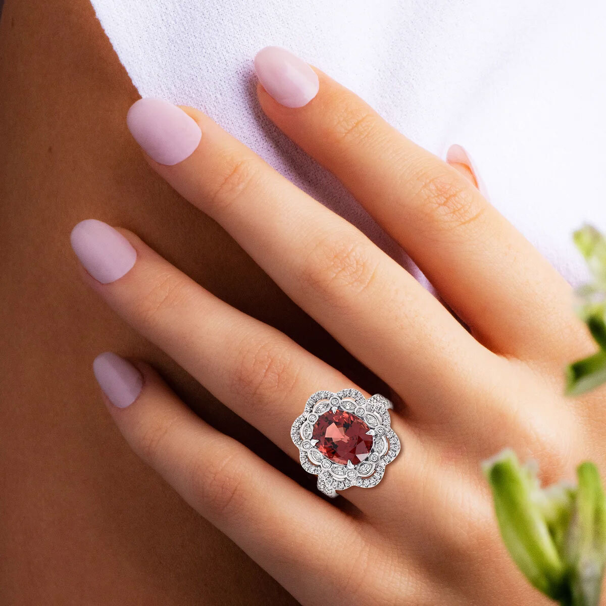 Oval Cut Spinel & 0.80ctw Diamond Halo Ring, Platinum
