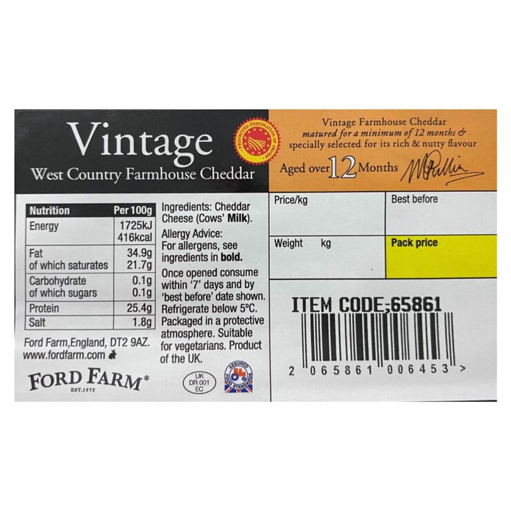 Ford Farm Vintage 12 Month Cheddar, Variable Weight 0.8kg - 1.2kg