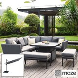 Maze Pulse Corner Dining Set with Square Height Adjustable Table + 10ft x 13ft Solar LED Cantilever Umbrella with Base (in Grey)