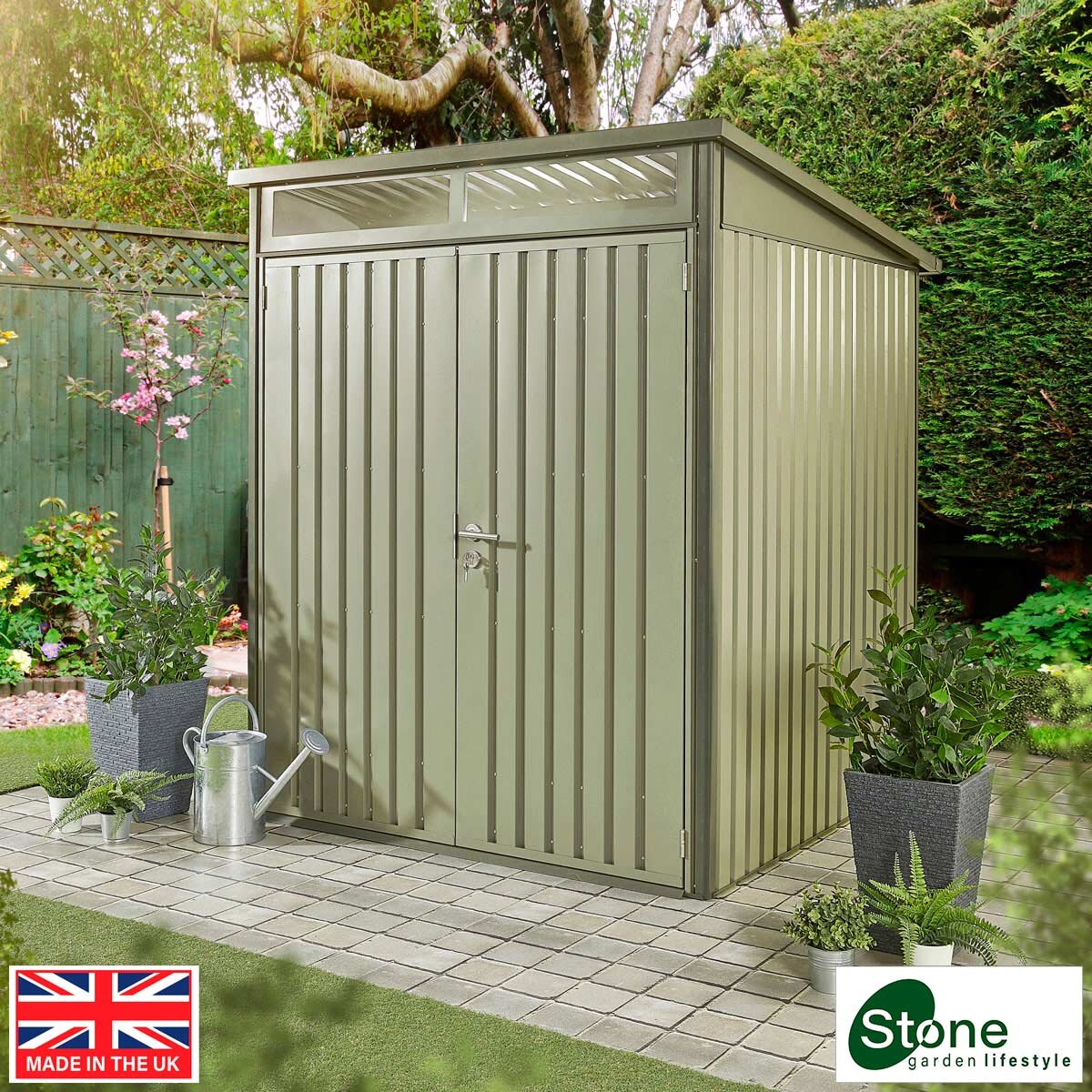 Stone Garden 5ft 11" x 5ft 11" (1.8m x 1.84m) Two Door Steel Shed in Green