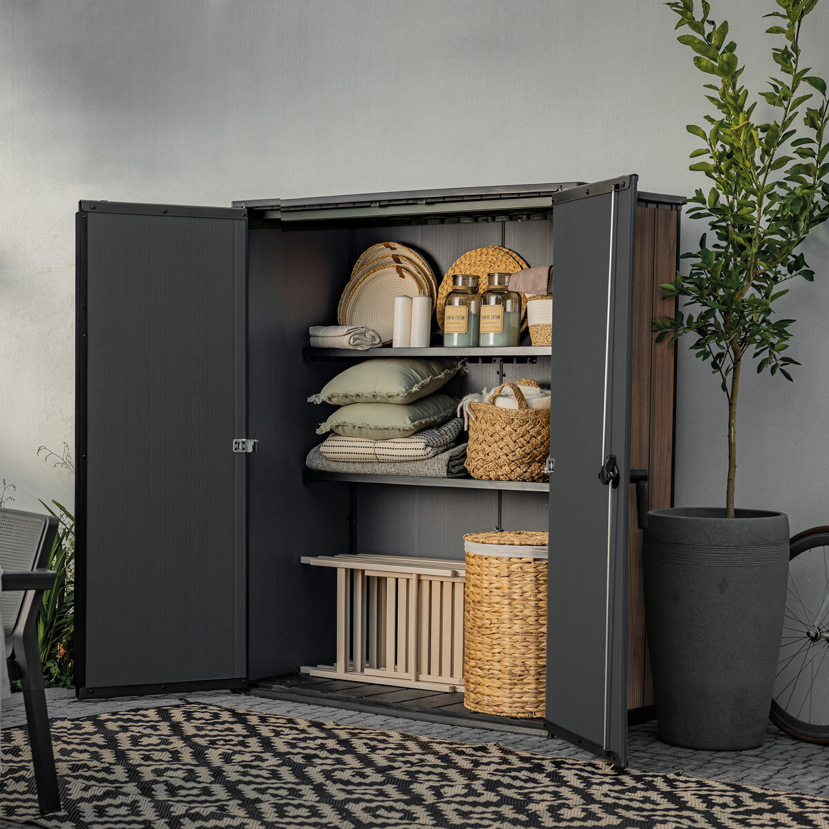 Keter Rosewood 4ft 6" x 2ft 4" (1.4 x 0.7m) 1,415 Litre Vertical Storage Shed with Shelves Keter Rosewood 4ft 6" x 2ft 4" (1.4 x 0.7m) 1,415 Litre Vertical Storage Shed with Shelves