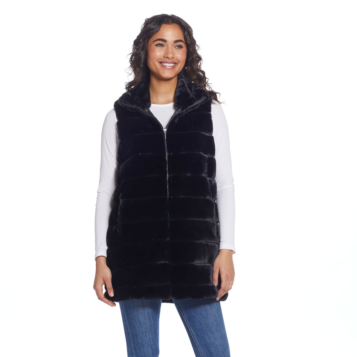 Weatherproof Ladies Faux Fur 3/4 Vest in Black, Large | C...