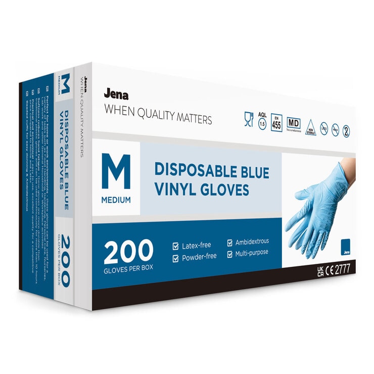 Jena Blue Vinyl Gloves, 200 Pack in Medium Jena Blue Vinyl Gloves, 200 Pack in Medium
