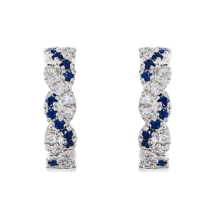 Round Cut Blue Sapphire & 0.18ctw Diamond Hoops, 14ct White Gold