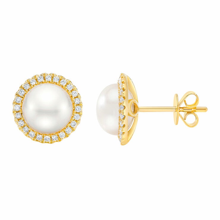 8-9mm Cultured Freshwater White Button Pearl & 0.25ctw Diamond Halo Earrings, 14ct Yellow Gold