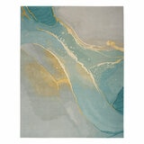 Rug featuring a marbled abstract pattern in teal, turquoise, beige and gold, with flowing shapes and fine gold lines.