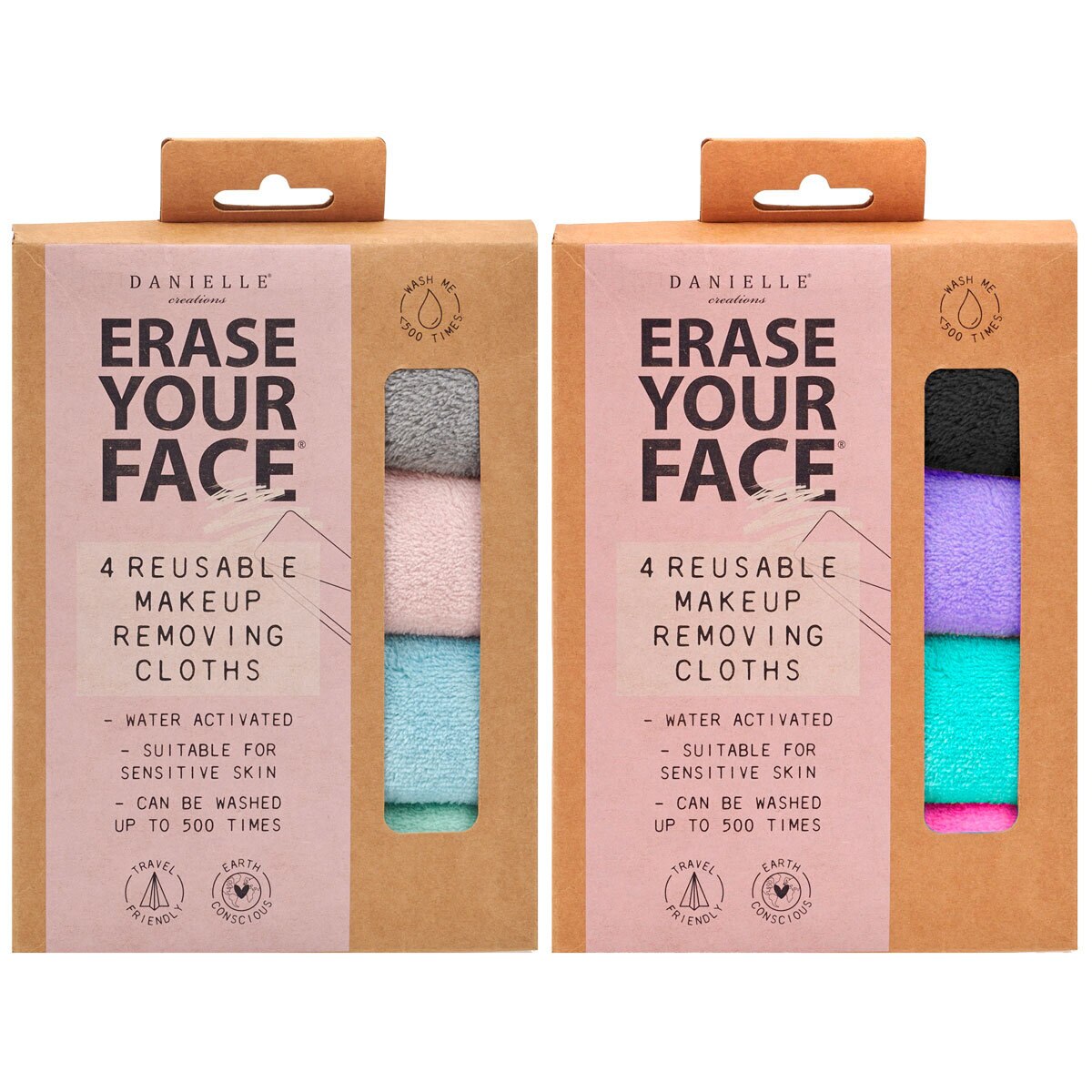 Danielle Creations Erase Your Face Makeup Remover Cloths, 4 Pack in 2 Colours