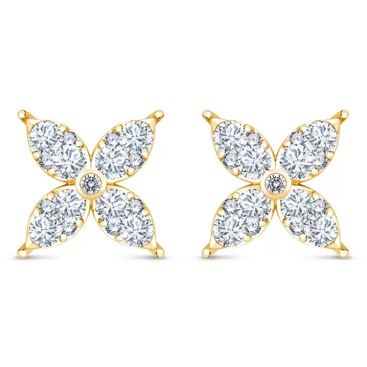 0.90ctw Flower Stud Diamond Earrings, 14k Yellow Gold