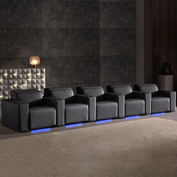 Valencia Barcelona Row of 5 Black Leather Power Reclining Home Theatre Seating with RGB LED