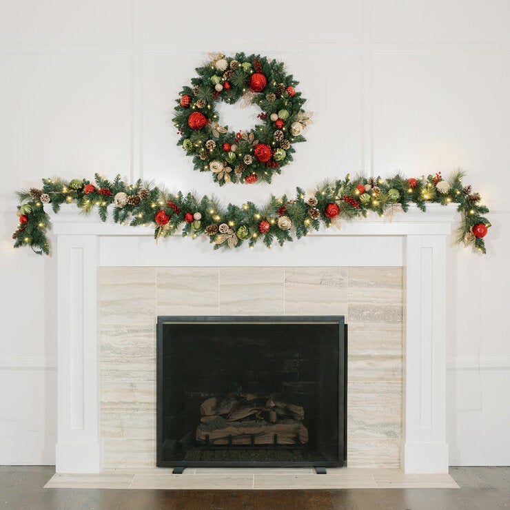 30 inch (76cm) Pre-Lit Decorated Wreath with 50 LED Lights in Red 30 inch (76cm) Pre-Lit Decorated Wreath with 50 LED Lights in Red